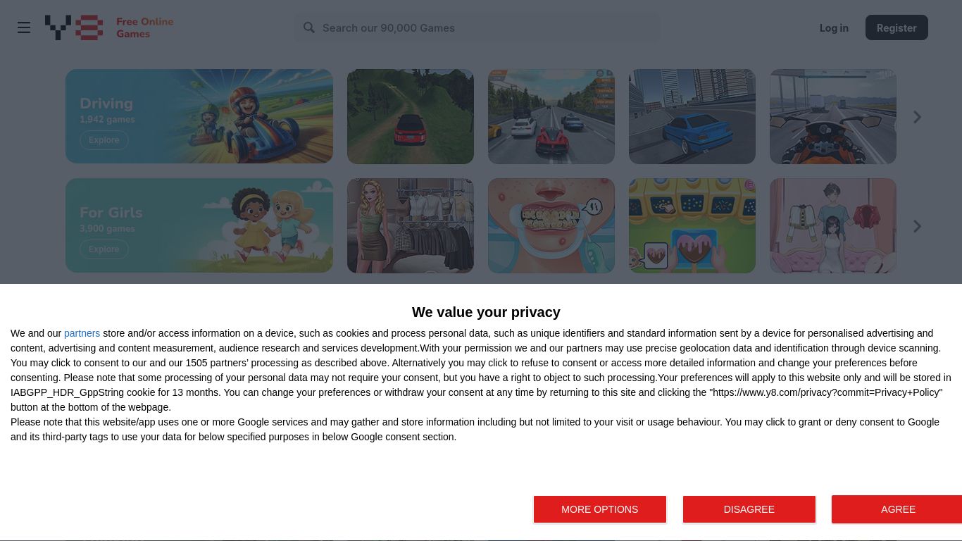 y8.com website homepage - live status check by WebsiteDown.xyz