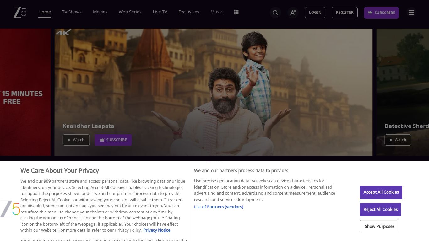 zee5.com website homepage - live status check by WebsiteDown.xyz