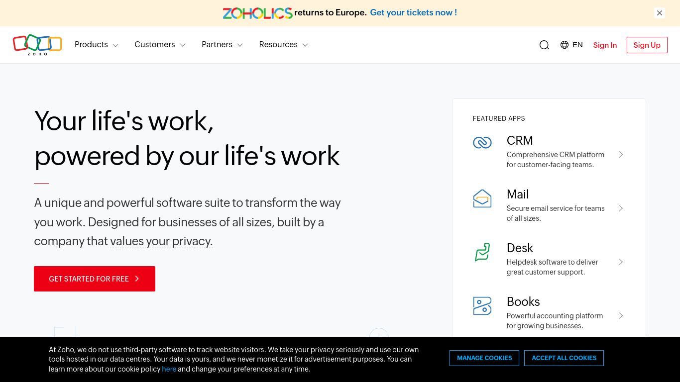 zoho.com website homepage - live status check by WebsiteDown.xyz